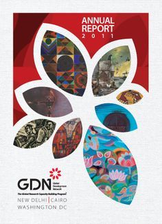 the annual report cover is shown in red, white and blue with images of flowers