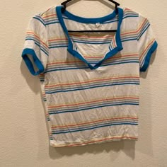 Multi Colored Striped Tee W V Neck Reminds Me Of Stranger Things Or Like A Cute 80s Vibe Nwot Never Worn Size S No Damage, Rips Or Stains From A Smoke Free And Pet Free Clean Household Reasonable Offers Are Welcome :) Feel Free To Ask Me Questions Below Cheap Striped V-neck Shirt, Retro V-neck T-shirt For Spring, Vintage White V-neck Top, 80s Vintage Clothes, Blue Color Block V-neck Top, Summer Cotton Color Block Tops, Summer Color Block Cotton Tops, Casual Color Block V-neck T-shirt, Casual Cotton Color Block Tops