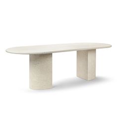 an oval table with two legs and a white marble finish on the top, against a white background