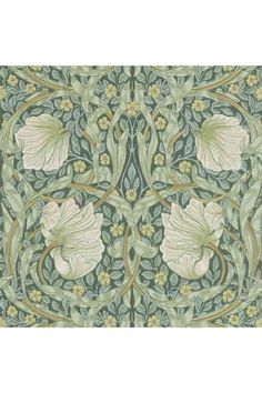 an intricately designed wallpaper with white flowers and green leaves on it's sides