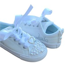 Perfect for a flower girl or other important event. Different sizes of pearls are used and silver/clear crystals are added as well. So much sparkle! The backs are done as well with crystals and pearls and a silver rhinestone heart is added to the white ribbon ties. These leather shoes run big so you most likely will need to size down. White Non-slip Lace-up Canvas Shoes, Cute White Canvas Shoes, White Closed Toe Canvas Shoes, White Canvas Closed-toe Shoes, All White Converse, Converse Baby, White Slip On Sneakers, Toddler Converse, Flower Girl Shoes