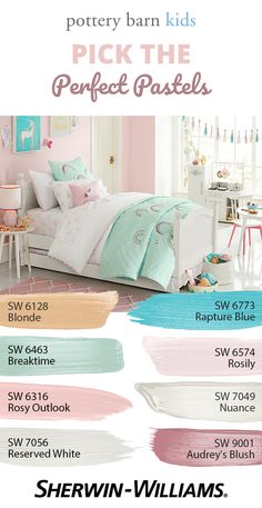 an advertisement for pottery barn kids's bedding and bedroom furniture in pastel colors