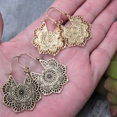 Gold Mandala Statement Hoop Earrings, Bohemian Mandala, Lotus Hoop, Mandala Jewelry, Ethnic Hoop, Best Seller, Gift For Her, Gift Under 15 The beautiful Gold Mandala Hoop Earrings are a beautiful unique addition to your Boho wardrobe. The gold brass earrings have a very pretty embossed and "cut out" artistic 3D design. These perfectly sized hoop earrings are lightweight and very comfortable on the ear. These would make a fabulous trendy gift under $15. **We also have these earrings in blue patin Handmade Spiritual Hoop Earrings For Festival, Festival Dangle Hoop Earrings With Intricate Design, Bohemian Summer Jewelry For Festive Occasion, Bohemian Summer Festive Jewelry, Bohemian Small Hoop Jewelry For Festivals, Bohemian Small Hoop Pierced Earrings, Summer Bohemian Hoop Earrings For Pierced Ears, Small Metal Hoop Earrings In Bohemian Style, Bohemian Small Hoop Earrings For Festivals