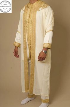 Moroccan Men's Wedding Jabador - Traditional 3-Piece Ensemble Elevate your wedding day with our exquisite Moroccan jabador, a traditional three-piece ensemble designed to bring timeless elegance and cultural richness to your special occasion. Perfect for grooms and guests alike, this jabador reflects the beauty of Moroccan heritage. **Product Details - **Jabador (Long Coat   - Elegant, long coat with intricate embroidery and detailed craftsmanship. Made from luxurious fabrics such as silk, satin Muslim Men Clothing, Nikkah Outfit, Moroccan Slippers, Egyptian Fashion, Muslimah Wedding, Mode Kimono, Moroccan Culture, Moroccan Fashion, Moroccan Wedding