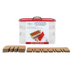 an assortment of wooden dominos in a plastic container with red handles and matching pieces