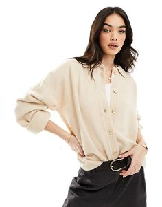 ASOS DESIGN knit collar shirt cardigan in oatmeal | ASOS Jumpers For Women, Tee Shop, Collar Shirts, Jumpers And Cardigans, Occasion Wear, Fitness Models, Asos, Latest Trends, Relaxed Fit