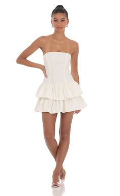 Strapless Corset Bubble Dress in Ivory White Mini Dress With Back Zipper For Cocktail, Fitted Beige Mini Dress With Back Zipper, Chic White Mini Dress With Back Zipper, White Strapless Dress With Back Zipper, Spring Mini Dress With Invisible Zipper For Date Night, White Dress With Back Zipper For Day Out, White Sleeveless Dress With Invisible Zipper, Beige Lined Mini Dress, White Strapless Mini Dress With Back Zipper