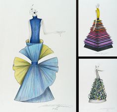 three different colored dresses are shown on the same page, and one is drawn in pencil