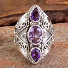 Stunning Faceted Amethyst Gemstone Ring For Christmas  - 925 Sterling Silver Handmade Designer 3 Stone Ring Jewelry Size US 8 - ar4944  ( Stamped 925 ) MATERIAL - 925 STERLING SILVER GEMSTONE - Amethyst RING SIZE - US 8 STONE SIZE - 9 x 7, 7 x 5 MM RING WEIGHT - 7.04 GRAMS    STONE SHAPE - Oval, Pear COLOR - Purple Ladies Silver Rings, Unique Silver Rings, 3 Stone Ring, Deco Fashion, Sterling Silver Jewelry Handmade, Jewelry Fashion Trends, Silver Jewelry Handmade, 925 Silver Ring, Ring Boho