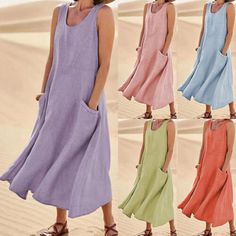 Trendy Fashion Women Casual Sleeveless Linen Sundress Pocket Summer Beach Long Dress Comfy UK, Stunning Womens Dresses Style Long Dress, Oceanside Beach, Dresses Casual Boho, Beach Party Dress, Sleeveless Linen Dress, Midi Tank Dress, Bleach Product, Long Linen Dress, Casual Tanks