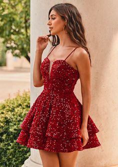 A-line V Neck Short/Mini Velvet Sequins Homecoming Dress with Ruffles S8092H - Homecoming Dresses - Stacees Fitted Tiered Homecoming Dress, Fitted Tiered Dress For Homecoming, Red Hoco Dress Short, Hoco Dress Short, Snowball Dresses, Red Hoco Dresses, Red Hoco Dress, Long Sleeve Homecoming Dress, Hoco Dresses Red