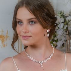 "Very romantic crystal bridal jewelry set: necklace, bracelet and earrings. Gorgeous bridal or bridesmaids jewelry set for your wedding day!   This wedding jewelry set is available in silver, gold or pink gold(rose gold) color to match your dress.   Necklace measures about 18\" long. Earrings measure about 1 1/4\" long and 1/4\" wide. Matching regular bracelet is measuring: 7\" long and 1/4\" wide or adjustable bracelet option is available as well to fit a larger wrist. Please, note that bracele Elegant White Jewelry Sets For Brides, Wedding Crystal Jewelry Sets With Pearl Drop, Wedding Crystal Pearl Drop Jewelry Sets, Crystal Pearl Drop Jewelry Sets For Wedding, Bridal Necklace With Pearl Drop For Wedding, White Cubic Zirconia Bridal Necklace With Matching Earrings, White Crystal Bridal Necklace With Matching Earrings, Delicate Wedding Jewelry Sets With Matching Earrings, Delicate Crystal Bridal Necklace For Wedding