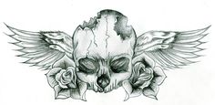 a drawing of a skull with wings and roses