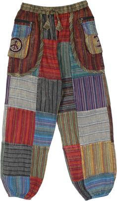 Striped Patchwork Harem Pants with Trendy Hippie Pockets | Multicoloured | Split-Skirts-Pants, Patchwork, Pocket, Yoga, Vacation, Beach, Striped, Bohemian, Handmade Patchwork Hippie Pants, Cotton Harem Pants, Patchwork Pants, Boho Hippie Style, Earthy Outfits, Hippie Pants, Hippie Fashion, Hippie Look, Hippie Style Clothing