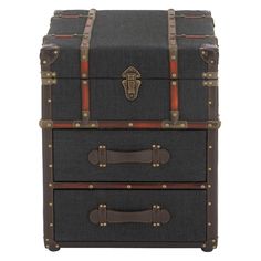 an old trunk with three drawers and leather straps on it's sides, isolated against a white background