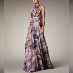 New Badgley Mischka Collection High Neck Floral Gown - Florals And Painterly Prints - Halter Neck Gown - Strapless Cascading Peplum Dress - Shell: 100% Silk - Lilac - Size 2 Purple Silk Evening Dress, Silk Purple Evening Dress, Purple Maxi Evening Dress For Summer, Purple Floor-length Maxi Dress For Prom, Purple Maxi Dress For Prom Season, Elegant Purple Evening Gown, Elegant Purple Silk Gown, Chic Purple Evening Gown, Elegant Purple Evening Dress For Gala