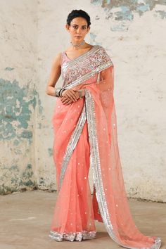 Coral handcrafted saree with over-all metallic silver floral, polka applique, aari and zardozi hand embroidery. Comes with plain silver unstitched blouse piece. - Aza Fashions Applique Saree, Coral Saree, Organza Sari, Desi Fits, Makeup Images, Saree Designs Party Wear, Hand Applique, Saree Look, Bridal Photos