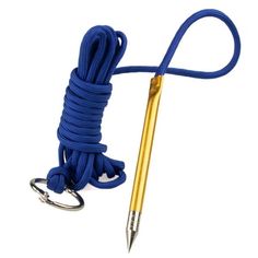 a blue rope with a gold pen attached to it