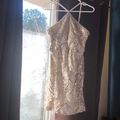 Beautiful Gold Sequin Cocktail Dress. Beige Background. Halter Top. Zips Up The Back. Fully Lined. Padded Top In Lining. Never Worn. Just Hung In Closet. Tag Is Missing. Perfect Condition! Dresses Gold, Halter Cocktail Dress, Sequin Halter, Padded Top, Dress Beige, Sequin Cocktail Dress, Doll Dresses, Beige Background, Gold Sequin