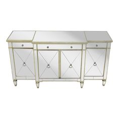 a mirrored sideboard with three doors and two drawers on each side, one door open