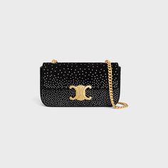 CHAIN SHOULDER BAG CLAUDE IN SUEDE GOATSKIN WITH STRASS - BLACK | CELINE Canvas Messenger Bag, Hair Accessories Jewelry, Canvas Leather, Body Bag