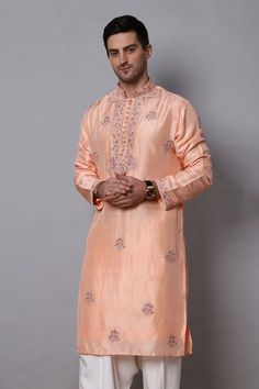 Peach kurta with thread embroidered floral patterns highlighted by pearls. Comes with a pathani. - Aza Fashions Pathani For Men, Men Kurta, Dupion Silk, Fashion App, Embroidered Silk, Floral Patterns, Mandarin Collar, Aza Fashion, Floral Pattern