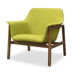 an upholstered green chair with wooden legs and arm rests on a white background