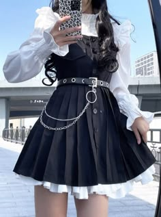 フリルシャツ＋ベルト付きジャンパースカート＋インナースカート - Belchic Frilled Shirt, Frill Shirt, Skirt With Belt, Jumper Skirt, Kawaii Fashion Outfits, Vestidos Vintage, Gothic Outfits, Alternative Outfits, Really Cute Outfits