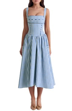 Eyelet and ribbon lacing adds an edgy touch to a vintage-inspired sundress boasting a bustier-style bodice and flared midi skirt. Exclusive retailer Square neck Side patch pockets Lined 77% viscose, 21% polyester, 2% elastane Dry clean Imported Blue Gingham Dress, Midi Flare Skirt, Midi Sundress, House Of Cb, Gingham Dress, Feminine Look, Dress Cuts, Favorite Dress, Corset Dress