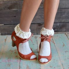 Juniper Leaves, Cognac Heels, Fall Heels, Frilly Socks, Lace Heels, Amazing Lace, Socks And Heels, Open Toe Shoes