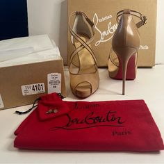 New With Tags, Purchased At Nieman Marcus, In Original Box With Price Tag, Nude Stiletto Strappy Open Toe Christian Louboutin Shoes In Size 9b Or 39 ( I Wear A 8.5 In Regular Shoes) Condition: Excellent New Condition- Never Worn, Kept In Box, Purchased At Niemans For An Event, Was Unable To Wear Them Due To A Foot Injury. Always Open To Offers Reach Out If You Have Any Questions! Smoke Free And Pet Free Home! Ships Quickly & Packages With Care Make Me A Reasonable Offer On This Fabulous And Supe Luxury Leather Heels With Red Sole, Formal Leather Sandals With Red Sole, Leather Open Toe Heels With Red Sole, Elegant Leather Sandals With Red Sole, Leather Heels With Red Sole And Open Heel, Leather Heels With Red Sole And Open Heel Design, Luxury Beige Heels With Leather Lining, Calf Leather Heels With Red Sole And Open Heel, Beige Leather Heels With Red Sole