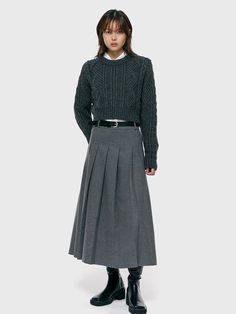 The classic mood pleated skirt that made of wool blended fabric. Featuring the pleated design throughout, voluminous silhouette that create feminine mood, and maxi length. Style with sweater, shirts, and boots to create stylish outfits. - Pleated detail throughout the skirt- Voluminous silhouette and maxi length- Belt loops and side zipper closure detail- Wool blended material in basic colorway- Daily and wearable item in FW seasons Long Grey Skirt Outfit Winter, Long Grey Pleated Skirt Outfit, Wool Maxi Skirt Outfit, Pleated Midi Skirt Outfit Winter, Grey Skirt Outfit Winter, Grey Long Skirt Outfit, Long Grey Skirt Outfit, Grey Pleated Skirt Outfit, Wool Skirt Outfit Winter