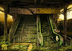 an abandoned train station with stairs leading up to the top and green railings on either side