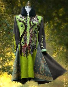 "Fantasy wearable art sweater COAT is handcrafted of repurposed and up cyled textiles. Size Large/XLarge. Bust: 41\"- 42\"(104 -107 cm), Waist: 40\" (102 cm), Hips: 45\" (114 cm), Sleeves length: 23,5\" - 24,5(59- 62 cm), The circumference of the upper sleeve is 14\"(36 cm), Length from the shoulder down: 42\"- 46\"(107- 117 cm) Would you like to see the rest of the Amber Studios coat's collections? Winter Wonderland: https://www.etsy.com/shop/amberstudios?ref=seller-platform-mcnav§ion_id=209966 Cyberpunk Mode, Victorian Coat, Upcycled Jackets, Crafting Corner, Art Sweater, Wearable Art Clothing, Patchwork Sweater, Upcycle Sewing, Cyberpunk Fashion