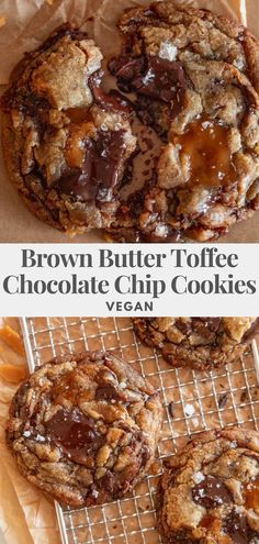 brown butter toffe chocolate chip cookies on a cooling rack