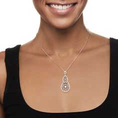 Ross-Simons - .65ct t. w. Diamond Filigree Pendant Necklace in 14kt White Gold. 18". Our vintage-style pendant necklaces features an exquisite filigree design, sparkling with .65 ct. t. w. diamonds. Set in 14kt white gold with milgrain details. Suspends from a cable chain with a 2" extender. Springring clasp, diamond filigree pendant necklace. Diamond birthstones are the perfect gift for April birthdays. Sterling Silver Teardrop Pendant With Intricate Design, Elegant Diamond Necklace With Intricate Pendant Design, Rose Gold Sterling Silver Filigree Jewelry, Formal Filigree Diamond Necklace, Elegant Rose Gold Filigree Necklace, Elegant White Gold Filigree Diamond Necklace, Elegant Filigree Diamond Pendant Necklace, Elegant White Gold Diamond Necklace With Filigree, Exquisite Formal Filigree Diamond Necklace