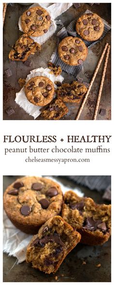 chocolate chip cookies and muffins with text overlay that reads flourless & healthy peanut butter chocolate muffins