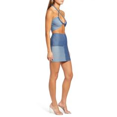 Amp Up Your Casual-Cool Game In This Shapely Stem-Showing Miniskirt Covered In A Patchwork Of Denim Washes With Bold Seaming. The Lightweight Stretch Denim Snaps Back Like A Pro And Hugs Your Curves. 15 1/2" Length ( Size Xs ) 95% Cotton, 5% Spandex Unlined Hand Wash, Line Dry Imported High-waist Blue Denim Dress, High Rise Fitted Denim Skirt For Night Out, Fitted High Rise Denim Skirt For Night Out, Fitted Short Denim Skirt For Summer, Stretch Denim Skirt For Night Out In Spring, Spring High-waist Fitted Denim Dress, Spring Fitted High-waist Denim Dress, Fitted High-waist Denim Dress For Spring, Fitted High Waist Denim Dress For Spring