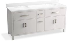 a white double sink vanity with two faucets on the top and drawers below