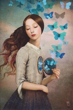 a girl holding a mirror with butterflies flying around her and the caption free your feelings