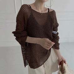 Women O-Neck Loose Casual Shirt Hollow Out Beach Top Knit Long Sleeve – lastrafashion Clothing Aesthetics, Oversized Sweater Women, Cardigan Vintage, Y2k Sweater, Chic Sweaters, Top Streetwear, Knitting Women Sweater, Knit Long Sleeve, Summer Knitting