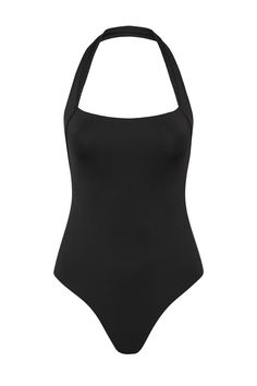 The Candice one piece in black is an elegant, feminine halterneck swimsuit that will never go out of style. The suit also works perfectly as a bodysuit worn under trousers or a skirt. A comfortable, wide, elasticated strap runs from under the shoulders and behind the neck. A scoop back reveals the shoulders. Self-lined in our ultra-soft Embodee™ fabric with high shaping power, Candice will become your go-to suit every summer. Luxury fabric sustainably made in Italy. Sleek Swimwear With Built-in Bra For Summer, Chic High Stretch Swimwear With Built-in Bra, Sleek One-piece Bodysuit For Summer, Sleek One-piece Summer Bodysuit, Sleek Summer One-piece Bodysuit, Chic Stretch Bodysuit With Adjustable Straps, Backless Summer Bodysuit In Elastane, Elegant Halter Top For Poolside, Summer Backless Elastane Bodysuit