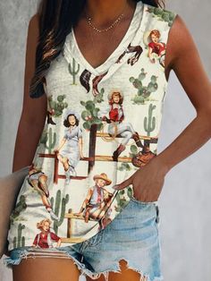 Trendy V-neck Summer Vest, Cute V-neck Tank Top For Spring, Casual Printed Sleeveless Tank Top, Printed Sleeveless Casual Tank Top, Summer V-neck Stretch Tank Top, Casual Printed Sleeveless Vest, Cute Stretch Tank Top For Summer, Cute Stretch Tank Top, Stretch V-neck Tank Top For Summer