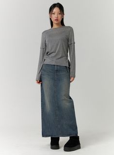 solid-denim-maxi-skirt-cd315 / Blue Casual Baggy Medium Wash Denim Skirt, Casual Washed Cotton Denim Skirt, Casual Washed Blue Denim Skirt, Casual Everyday Denim Skirt With Relaxed Fit, Casual Relaxed Fit Denim Skirt For Everyday, Casual Medium Wash Denim Skirt With Side Pockets, Casual Washed Denim Skirt For Fall, Casual Dark Wash Denim Skirt For Everyday, Casual Cotton Denim Skirt In Relaxed Fit