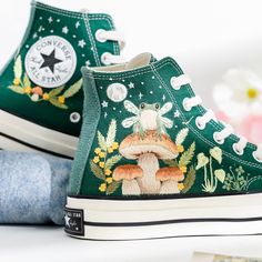 Welcome to LunnNest, a hand embroidered items shop. These are the most meticulously embroidered shoes that I give to you. I embroider them carefully and thoroughly with skillful hands. Converse type: Converse High Tops Chuck Taylor 1970s Converse color:  7. 1970s_Green Price includes: Shoes + Embroidery as Pictured I can buy it for you at a store near your home or you can send me the canvas shoes you have available. Your embroidered Converse, Vans shoes are ready to ship in 8-16 days. I need thi Converse Mushroom, Converse Haute, Bedazzled Converse, Bride Converse, Embroidery Sneakers, Converse Embroidery, Cute Converse Shoes, Converse Wedding Shoes, Embroidered Converse