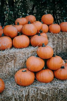 a pile of pumpkins sitting on top of hay