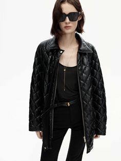 MO&Co. Women's Black Vegan Faux Leather Loose Quilted Jacket Diamond Quilted Long Sleeve Outerwear For Fall, Fall Long Sleeve Outerwear With Diamond Quilting, Long Sleeve Diamond Quilted Outerwear For Fall, Diamond Quilted Outerwear For Work In Fall, Diamond Quilted Outerwear For Fall Workwear, Diamond-quilted Outerwear For Fall Workwear, Fall Workwear Outerwear With Diamond Quilting, Luxury Black Quilted Outerwear, Chic Quilted Jacket For Workwear