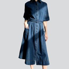 Be the envy of the town with our 2023 Summer Collection's Loose Medium-Wash Jean Dress! This 90s-flair denim piece marries timeless elegance and fashion fashion. combining a elongated silhouette. short sleeves. buttons & belt closure. and a medium-wash for an irresistible look.Why You'll Fall In LoveThis dress is a piece of art in itself! Its baggy shape and medium-wash fabric offer an effortless and informal fit. while its sophisticated brief sleeves and buttons & belt closure add a unique touc Non-stretch Denim Dress With Pockets, Chic Washed Blue Denim Dress With Pockets, Non-stretch Denim Dress With Pockets For Day Out, Elegant Short Sleeve Denim Workwear Dress, Elegant Short Sleeve Denim Dress For Work, Fitted Dark Wash Denim Midi Dress, Chic Washed Blue Denim Dress For Fall, Denim Midi Dress With Pockets And Short Sleeves, Elegant Short Sleeve Denim Dress