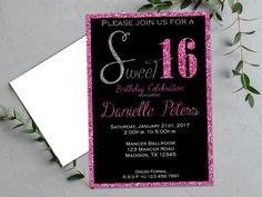 an elegant sweet sixteen birthday party with purple glitter and greenery on the side, along with a card that says sweet 16