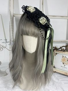 Elevate your gothic-inspired look with our gothic cross chains black and green elegant floral design bowknots hat. This unique hat features a striking combination of black and green, adorned with elegant floral designs and stylish bowknots. The addition of gothic cross chains adds a touch of edgy sophistication to this accessory. Made with high-quality materials, this hat is the perfect statement piece to complete your alternative fashion ensemble. Add a touch of dark elegance to your outfit wit Black Gothic Hat For Cosplay, Black Gothic Mini Hats For Costume Party, Black Gothic Mini Hat Adjustable, Black Gothic Mini Hat With Adjustable Fit, Black Gothic Party Hat, Punk Black Mini Hat For Cosplay, Black Punk Mini Hats For Costume Party, Punk Style Black Mini Hat For Cosplay, Vintage Black Headpieces For Costume Party